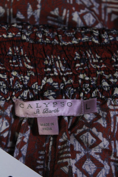 Calypso Saint Barth Womens Abstract Printed Silk Skirt Brown Navy Blue Large