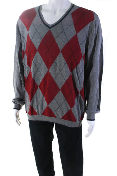 Brooks Brothers Mens V Neck Argyle Sweatshirt Gray Red Cotton Size Extra Large