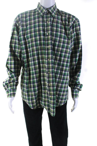 Hickey Freeman Mens Button Front Collared Plaid Shirt White Green Blue Size XL