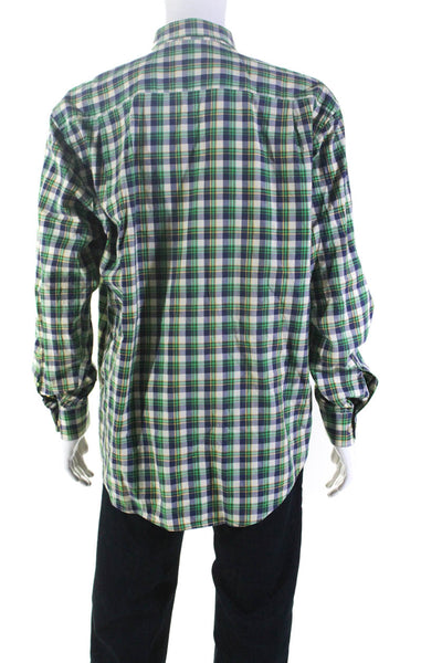 Hickey Freeman Mens Button Front Collared Plaid Shirt White Green Blue Size XL