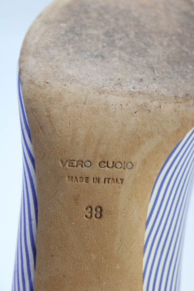 Club Monaco Womens Stiletto Pointed Toe Striped Pumps White Blue Canvas Size 38