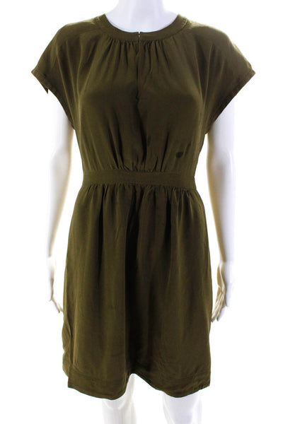 Madewell Womens Silk Round Neck Cap Sleeve Knee-Length Dress Olive Green Size 2