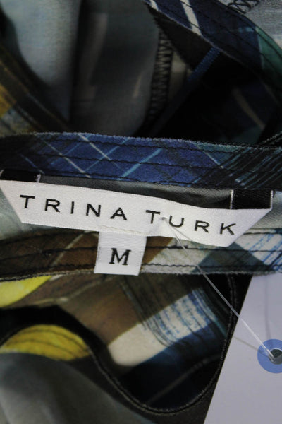 Trina Turk Womens Scoop Neck Plaid Tank Top Blouse Blue Yellow Size Medium