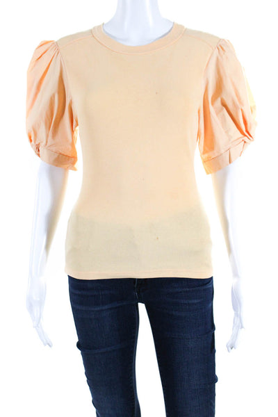 A.L.C. Womens Cotton Puff Short Sleeve Ruched Patchwork Blouse Orange Size S