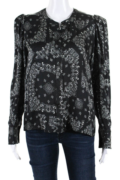 The Westside Womens Silk Floral Abstract Print Button Collared Top Black Size M