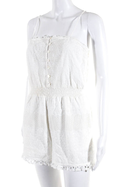 Kisuii Womens Cotton Buttoned Floral Textured Mesh Stripe Romper White Size XS