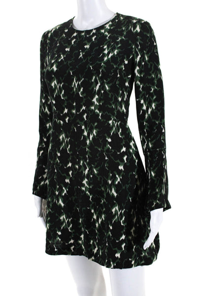 ALC Womens Long Sleeve Abstract Mini Fit & Flare Dress Black Green Silk Size 4