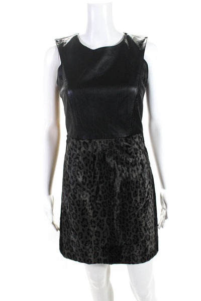 Milly Women's Sleeveless Cheetah Print Leather Mini Dress Black Size 2