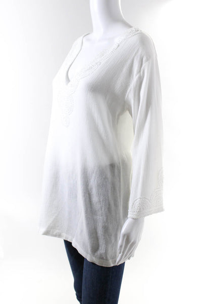 Chach Womens Solid Long Sleeve V Neck Beaded Cotton Blouse White Size Small