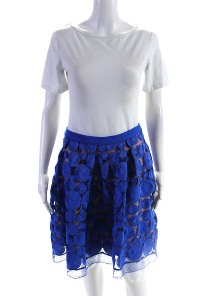Eva Franco Womens Solid Crochet Pleated Circle Pattern Flare Skirt Blue Size 4