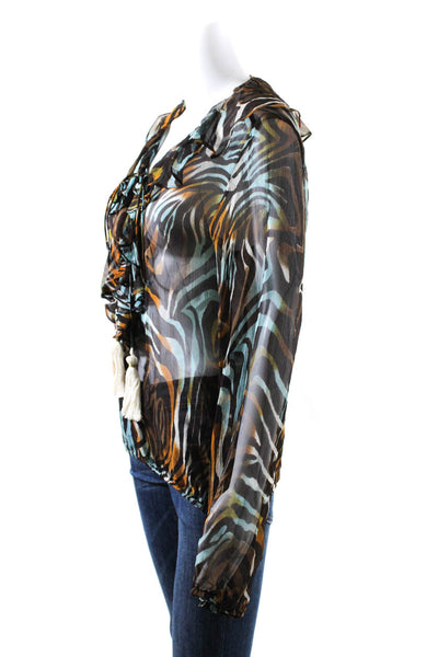 OndadeMar Womens Ruffled Zebra Print Sheer Tassel Tied Blouse Brown Blue Size M