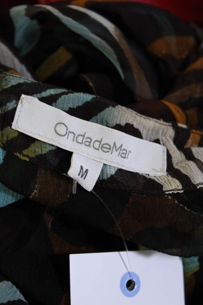 OndadeMar Womens Ruffled Zebra Print Sheer Tassel Tied Blouse Brown Blue Size M