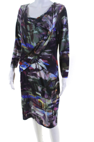 Escada Womens Abstract Jersey Long Sleeve Cowl Neck Midi Dress Multi Size EU 38