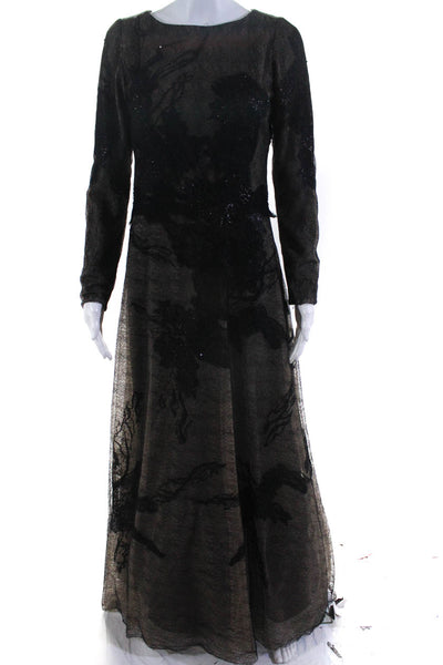 Rene Ruiz Womens Long Sleeve Sequin Mesh A Line Gown Black Size 6