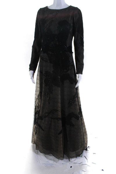 Rene Ruiz Womens Long Sleeve Sequin Mesh A Line Gown Black Size 6