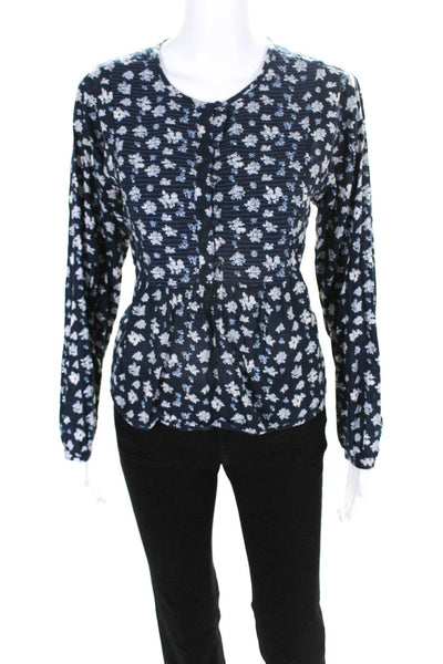 Roller Rabbit Womens Floral Long Sleeved Buttoned Pleated Blouse Navy Size M