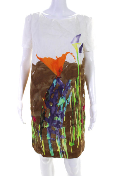 Piazza Sempione Women's Abstract Short Sleeve Crew Neck Midi Dress Brown Size M