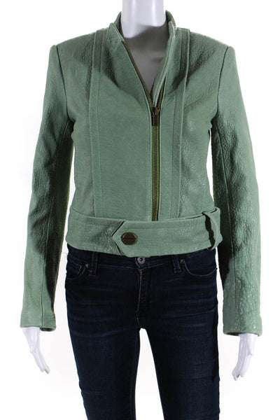 Kelly Wearstler Womens Leather Asymmetrical High Neck Jacket Green Size 2