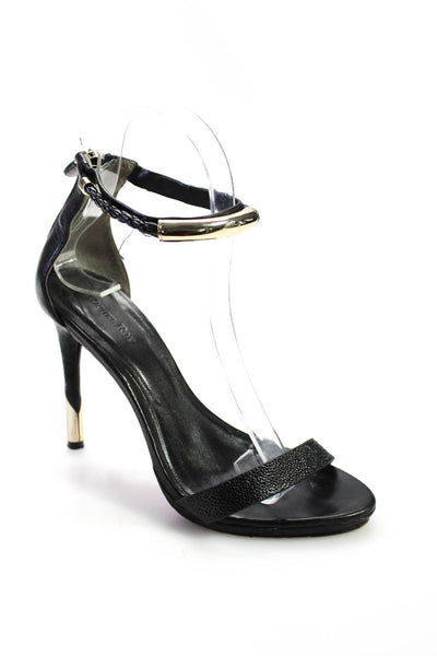 Rachel Roy Womens Leather Ankle Strap Sandal Heels Black Gold Size 5