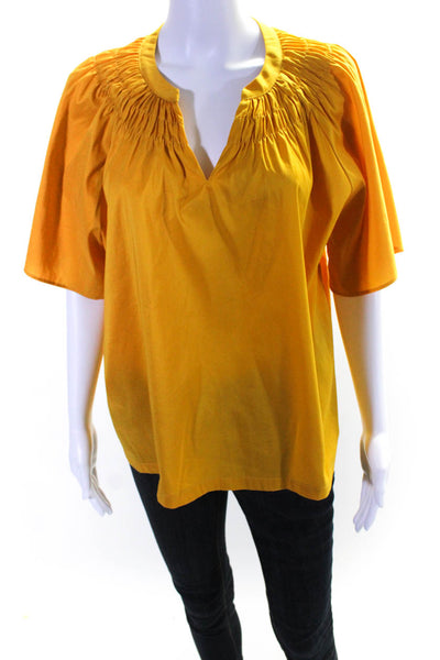 Cotelac Womens Cotton Smocked V-Neck Short Sleeve Blouse Top Gold Size 3