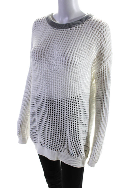 Leith Women's Crewneck Long Sleeve Open Knit Crochet Blouse White Size S
