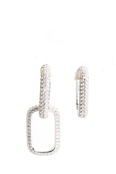Designer Womens Silver Tone Crystal Asymmetric Dangle Hoop Earrings