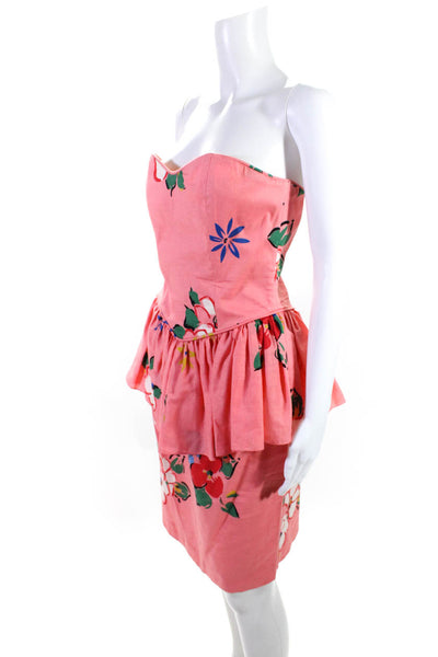 Kathryn Conover Womens Strapless Floral Peplum Dress Pink Linen Size 8