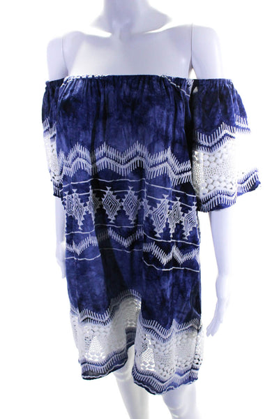 La Blanca Womens Lace Tie Dye Embroidered Off Shoulder Shift Dress Blue Large