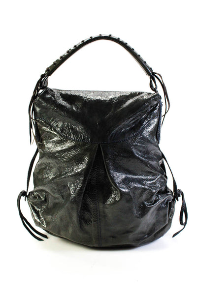 Francesco Biasia Womens Patent Leather Zip Top Shoulder Bag Green Large Handbag