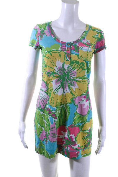 Lilly Pulitzer Womens Floral Short Sleeved T Shirt Mini Dress Green Pink Size XS