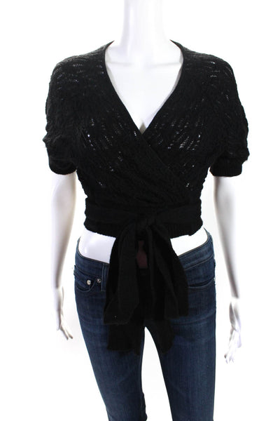 Catherine Malandrino Womens Black Alpaca Crop Wrap Cardigan Sweater Top Size L