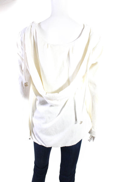 C.Z. Falconer Womens White Velvet V-Neck Hooded Pullover Sweater Top Size M/L