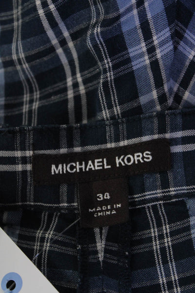 Michael Kors Mens Zip Front Tartan Casual Cargo Shorts Blue Size 34