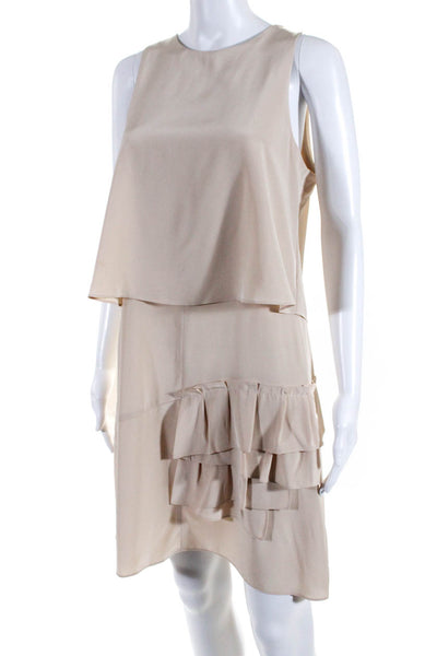 Tibi Womens Silk Solid Tiered Ruffle Sleeveless Cape Sheath Dress Beige Size 6