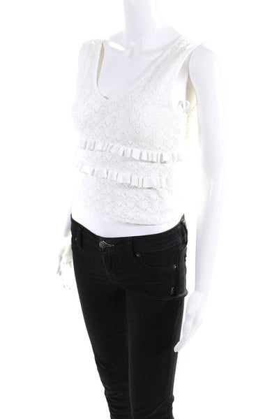 Ronny Kobo Womens White V-neck Sleeveless Ruffle Knit Top Size M