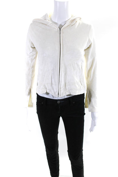 Cale Womens White Velour Hooded Full Zip Long Sleeve Sweater Top Size M