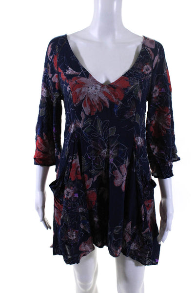 Free People Womens Floral Print V Neck A Line Dress Navy Blue Size 0