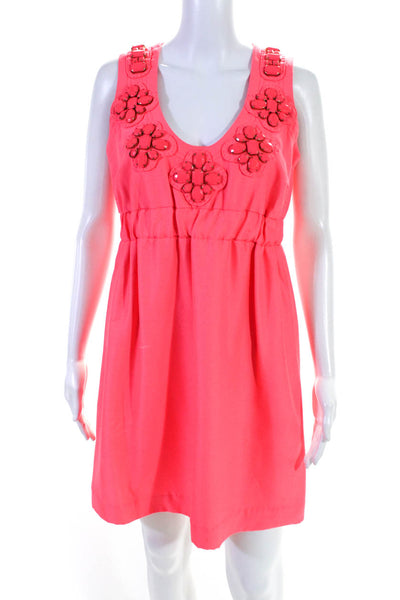 Karta Womens Rhinestone Embossed Scoop Neck Empire Waist Dress Neon Pink Size L