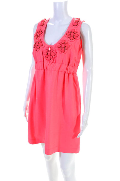 Karta Womens Rhinestone Embossed Scoop Neck Empire Waist Dress Neon Pink Size L