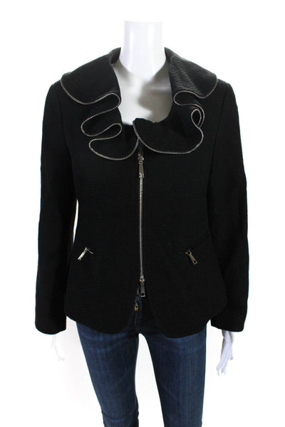 Lafayette 148 New York Women's Wool Cashmere Ruffle Zip Jacket Black Size 8