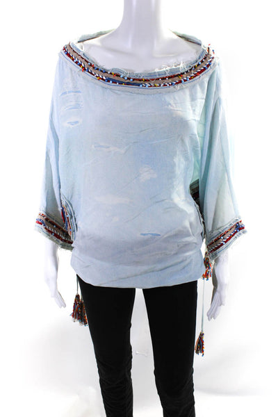 Emamo Womens Silk Embroidered Beaded Texture Tied Striped Blouse Top Blue Size S