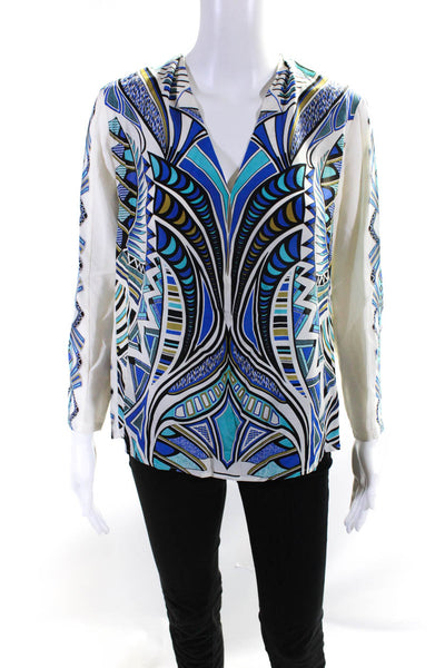 Pinko Womens Silk Abstract Print Long Sleeve V-Neck Blouse Top White Size 4