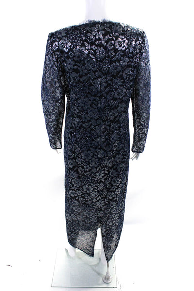Chanel Womens Blue Silver Floral Lace Crew Neck Long Sleeve Gown Dress Size 44