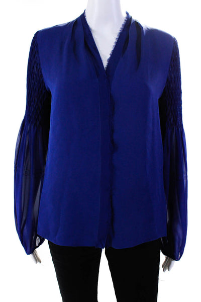 Elie Tahari Womens V Neck Long Sleeve Solid Silk Blouse Top Blue Size Small