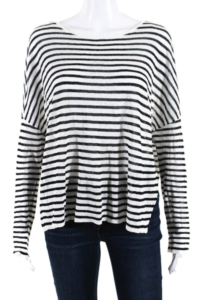 Eileen Fisher Women's Long Sleeve Stripped Scoop Neck Sheer Blouse White Size M