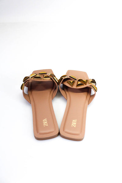 Zara Women's Square Toe Flat Strappy Sandals Beige White Size 38 40 Lot 2