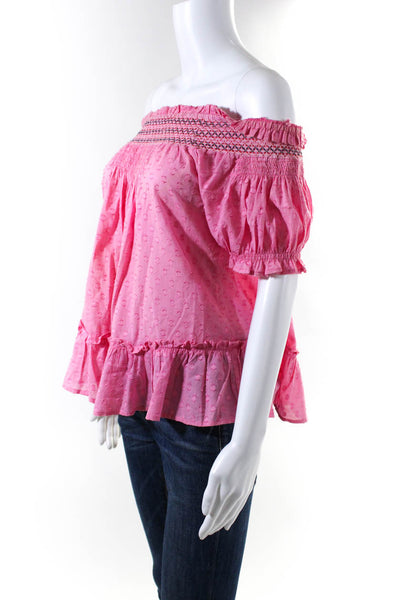 Banjanan Womens Textured Ruffle Off Shoulder Blouse Bubblegum Pink Size XS