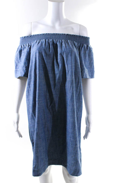 J Crew Womens Short Sleeve Smocked Shoulder Mini Tunic Dress Denim Blue Size 6