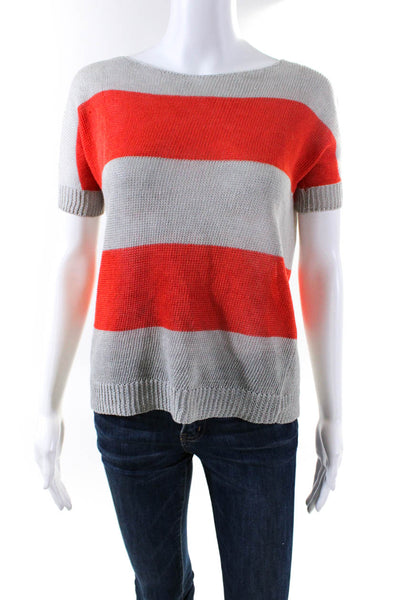 Theory Womens Short Sleeve Stripe Crew Neck Sweater Gray Orange Size Petite