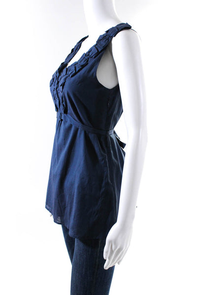 Baraschi Womens Belted Sleeveless Bow V Neck Top Blouse Blue Size 4